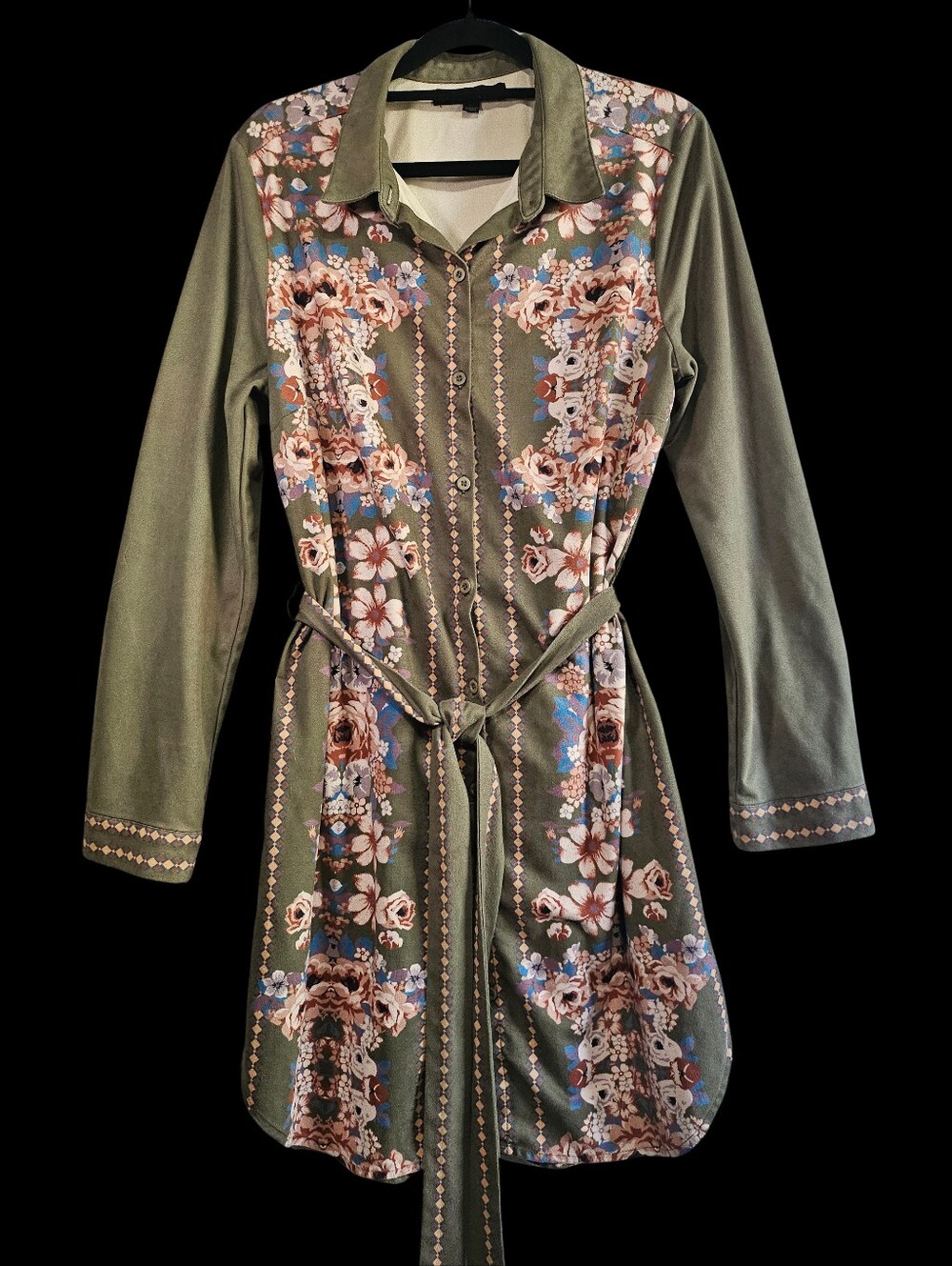 Jealous Tomato Floral Faux Suede Shirt Dress / Car Coat — Olive, Large